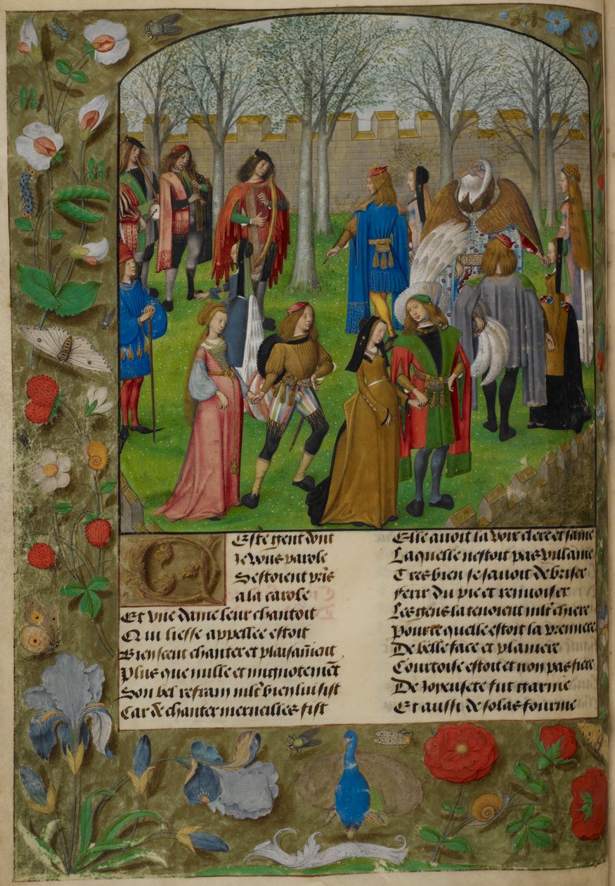 Carolle v zahradě. The Lover je pozván k tanci se skupinou párů vedených Sirem Mirthem a Lady Gladness., z 