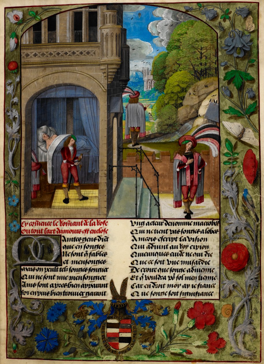 Milenec spí, vstává a jde do zahrady lásky z „Le Roman de la Rose“ od Master of the Dresden Prayer Books