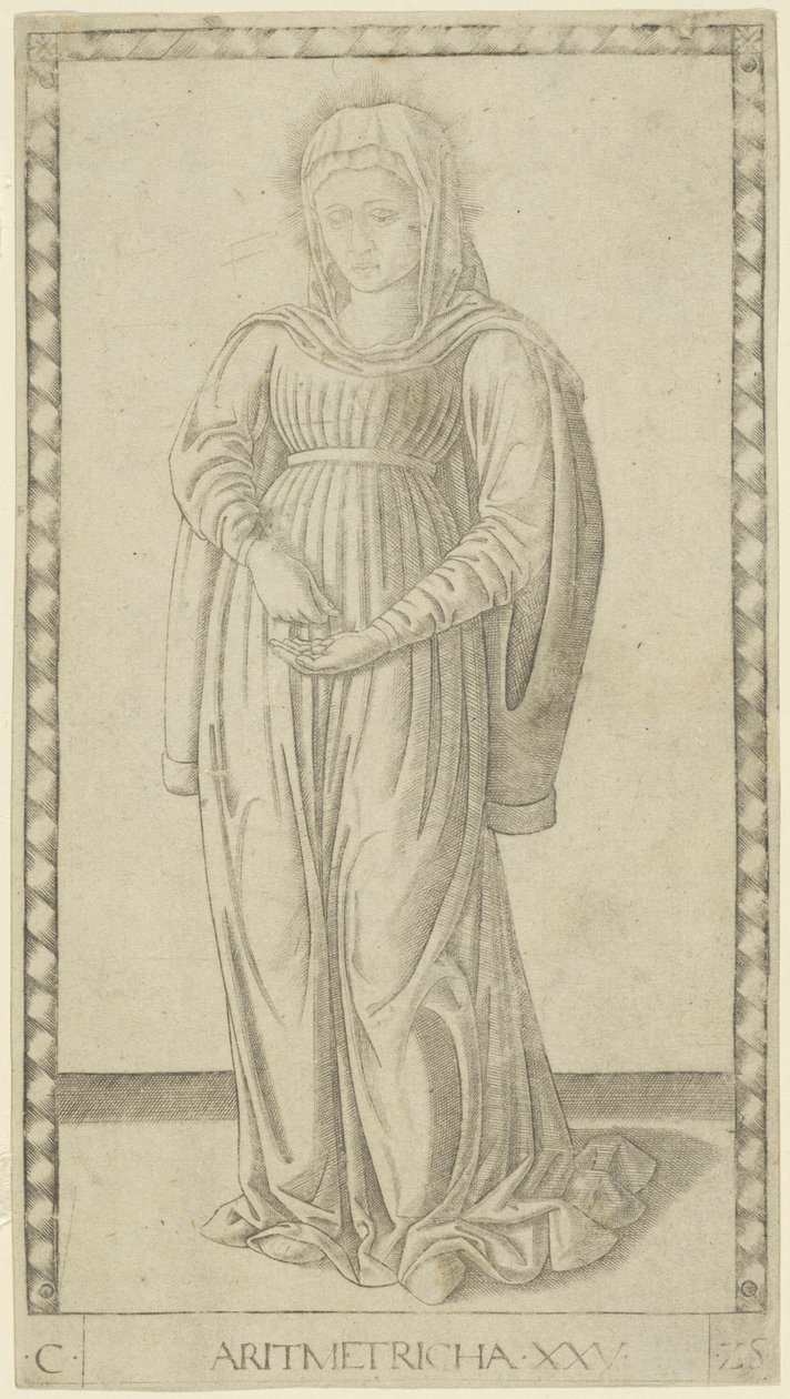 Aritmetika, deska 25 z Arts and Sciences od Master of the E Series Tarocchi