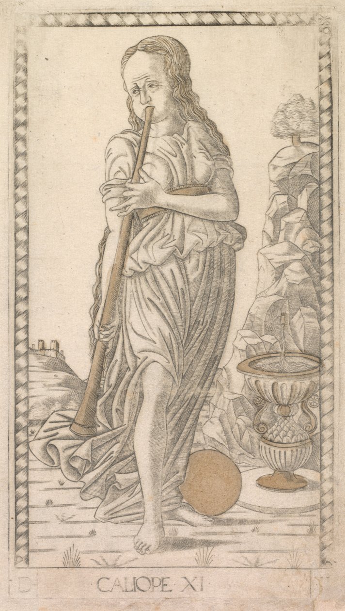 Calliope ze série Tarocchi D: Apollo and the Muses, # 11, před rokem 1467. od Master of the E Series Tarocchi