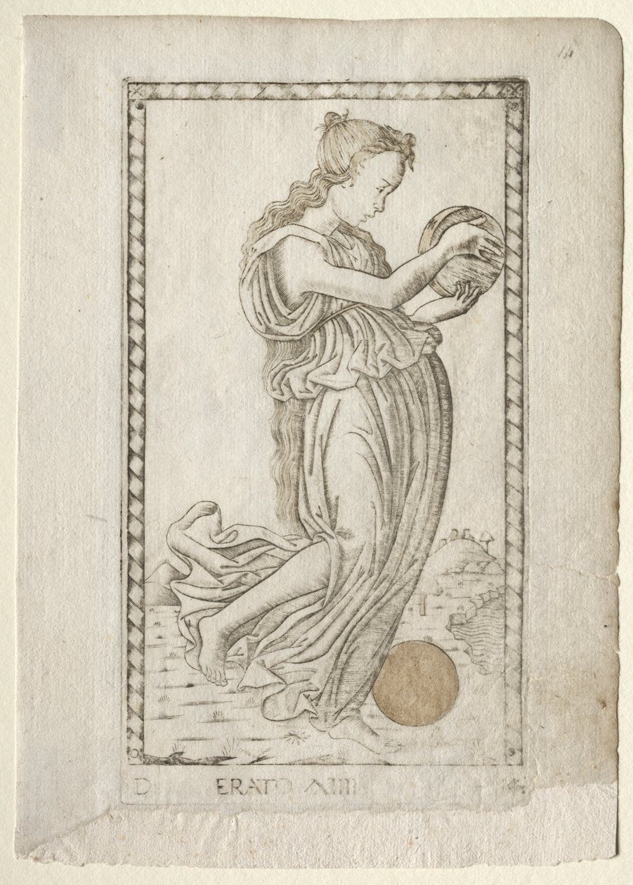Erato lyrika a milostná poezie ze série Tarocchi D..., před rokem 1467. od Master of the E Series Tarocchi