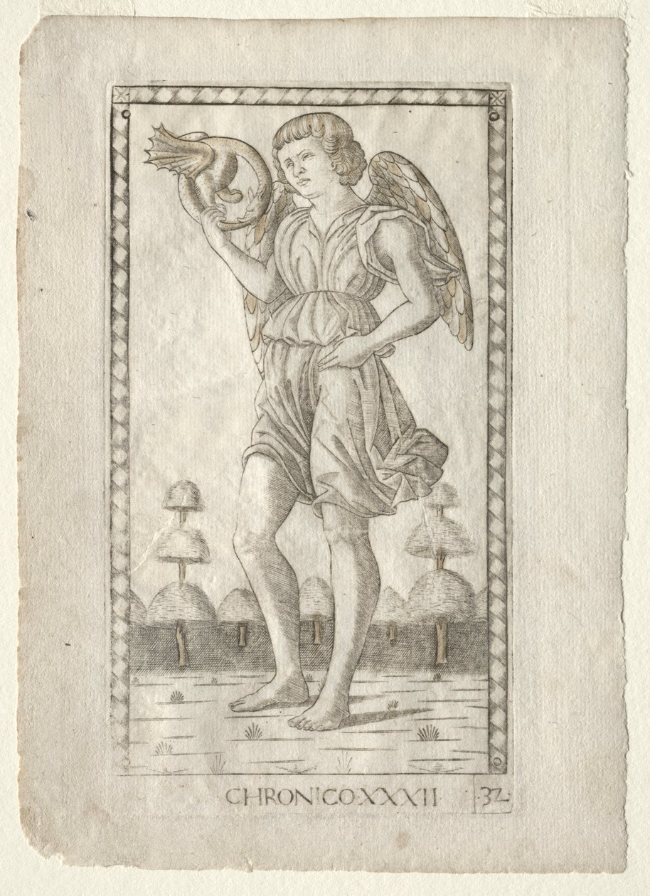Genius of Time z Tarocchi, série B: Cosmic Principles & Virtues, #32, před rokem 1467. od Master of the E Series Tarocchi