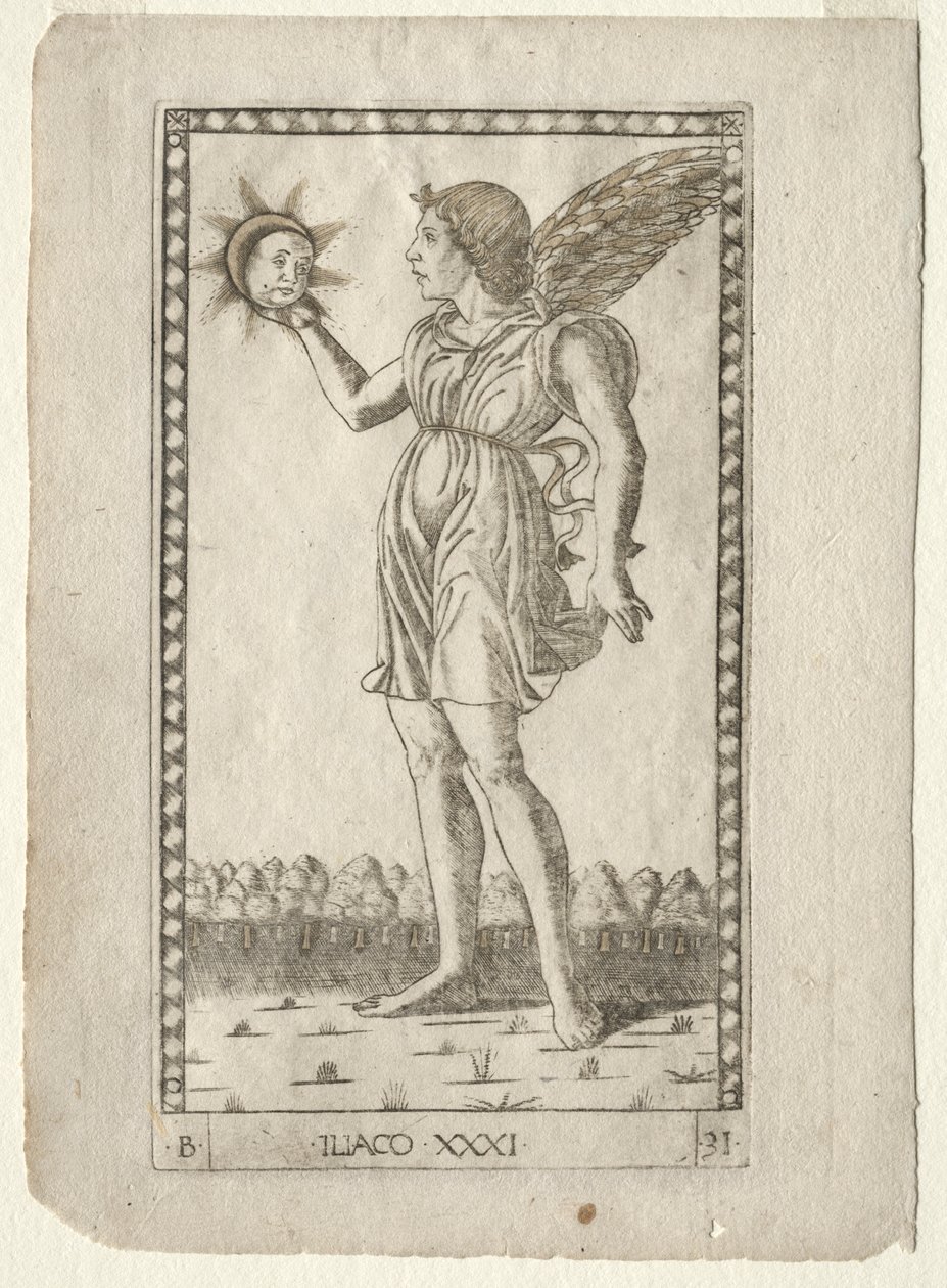 Genius of the Sun z Tarocchi, série B: Cosmic Principles & Virtues, #31, před rokem 1467. od Master of the E Series Tarocchi