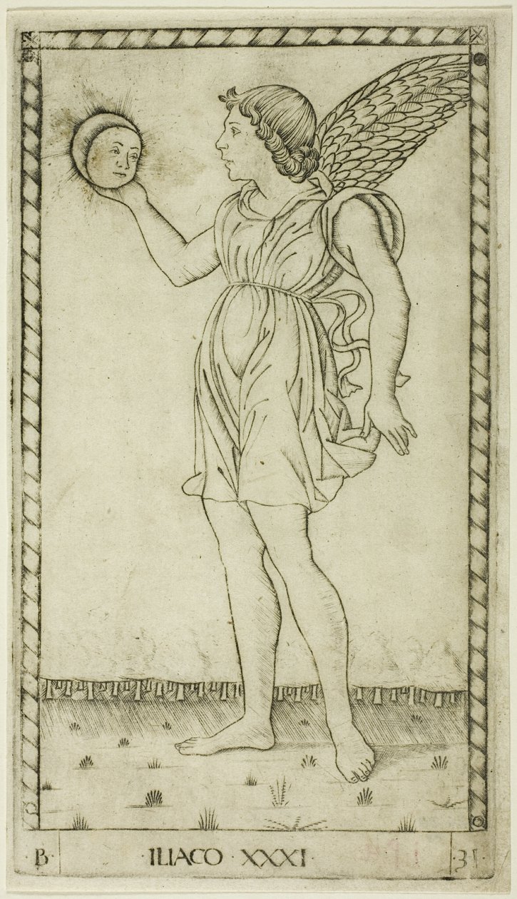Génius Slunce, deska 31 od Genii a Ctností od Master of the E Series Tarocchi