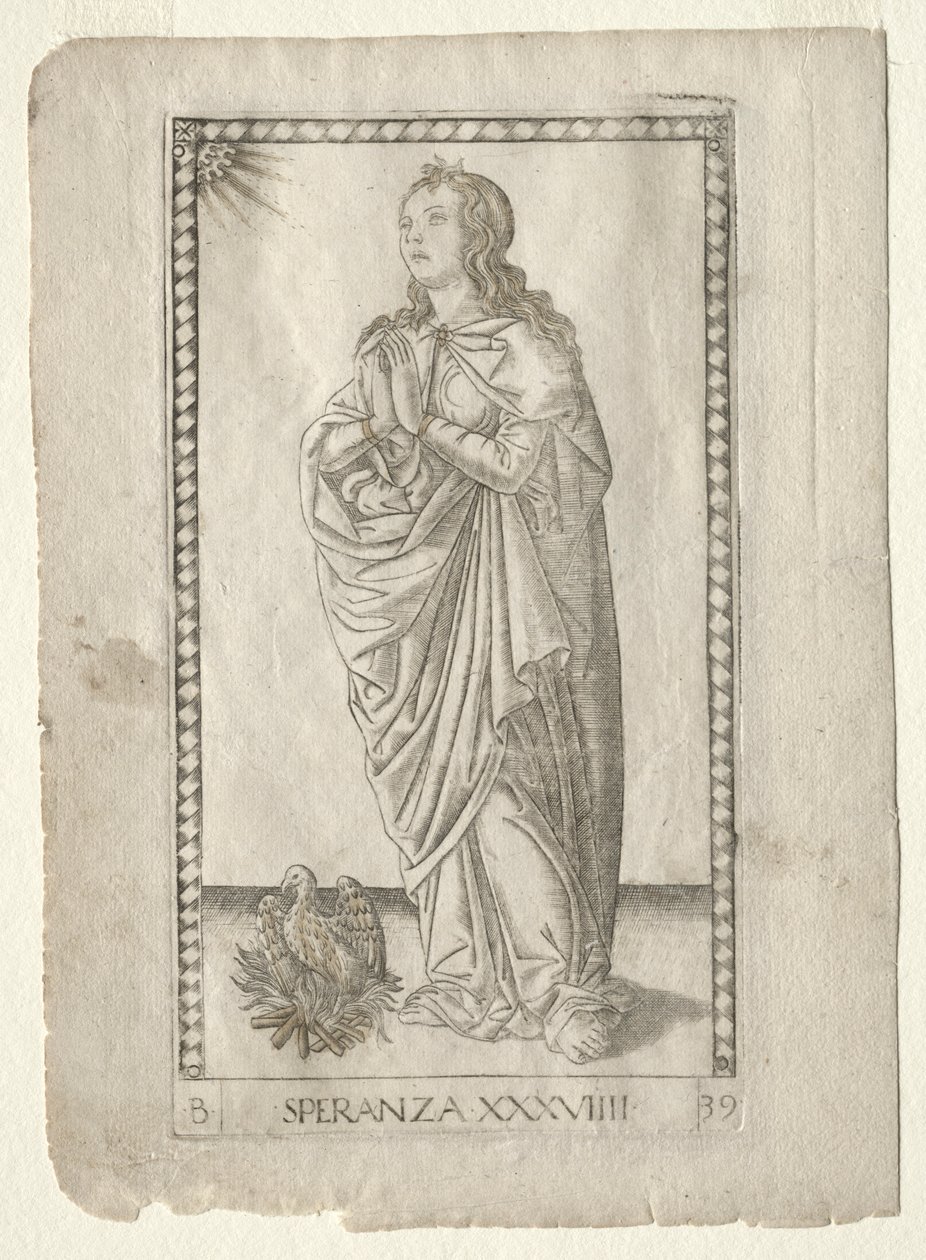 Naděje z Tarocchi, série B: Cosmic Principles & Virtues, #39, před rokem 1467. od Master of the E Series Tarocchi
