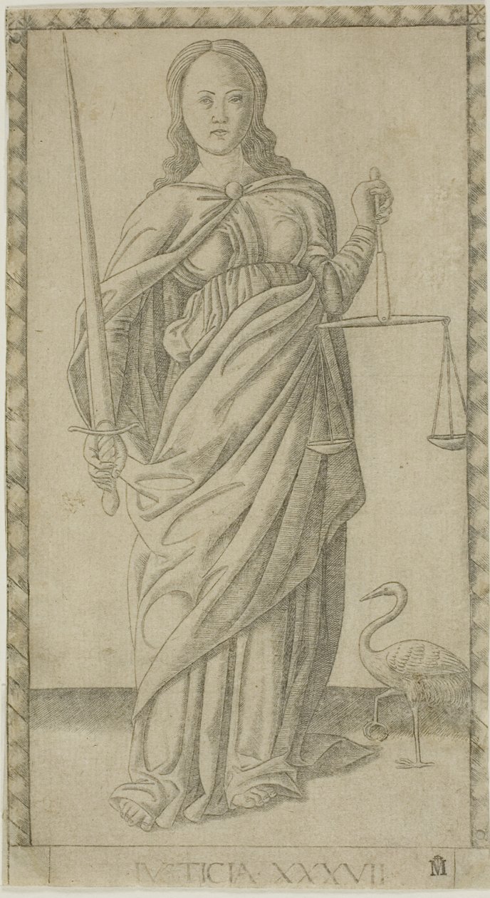 Spravedlnost, deska 37 z Genii and Virtues od Master of the E Series Tarocchi