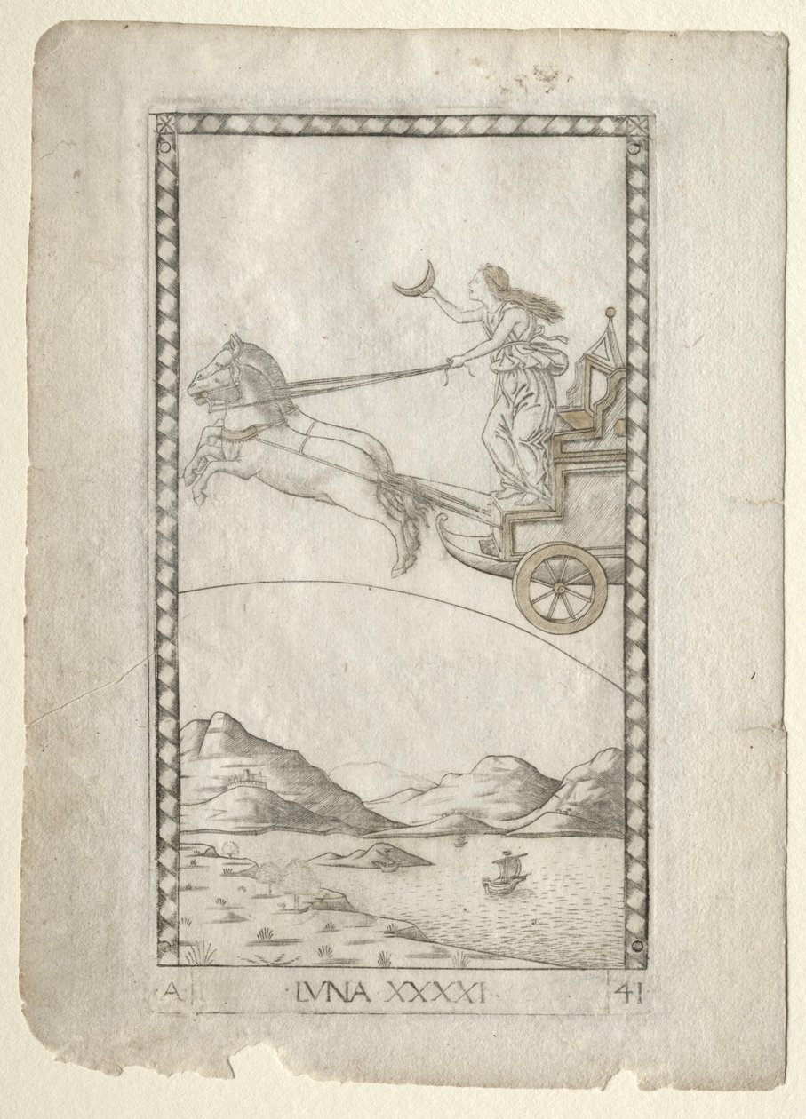 Luna z Tarocchi, série A: Firmaments of the Universe, #41, před rokem 1467. od Master of the E Series Tarocchi
