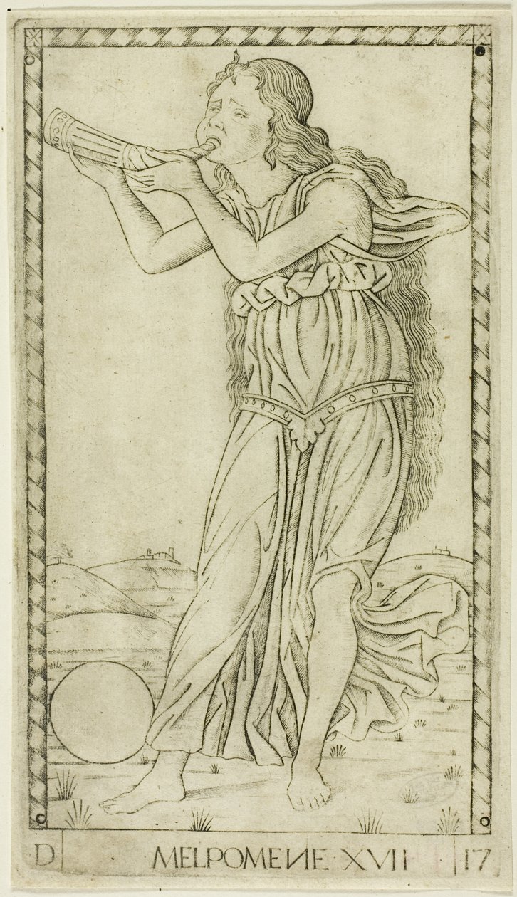 Melpomene, deska sedmnáctá z Apollóna a múz od Master of the E Series Tarocchi