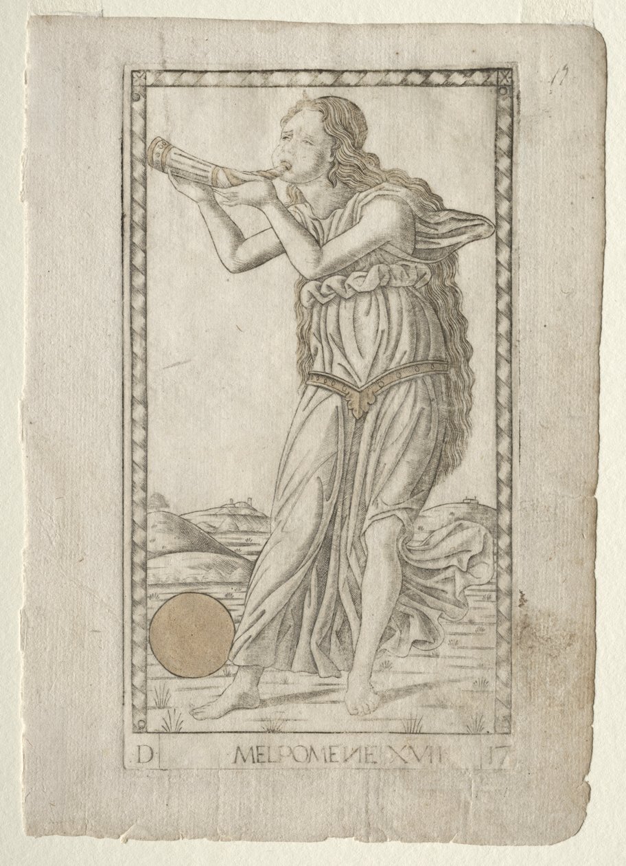 Melpomene tragédie ze série Tarocchi D: Apollo and the Muses, #17, před rokem 1467. od Master of the E Series Tarocchi