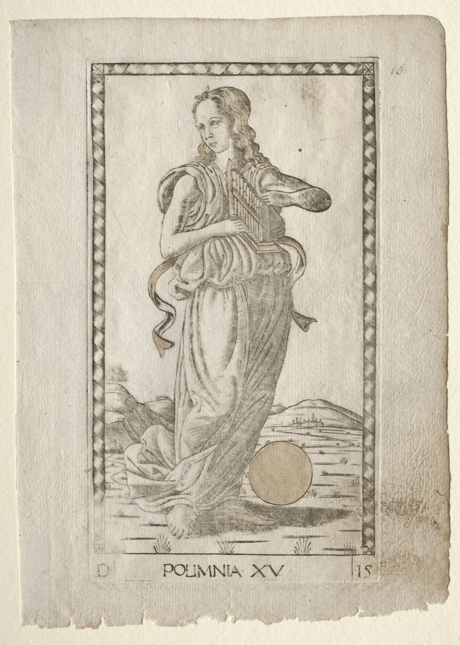 Hrdinské hymny Polyhymnia ze série Tarocchi D..., před rokem 1467. od Master of the E Series Tarocchi