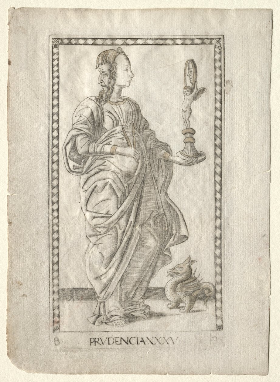 Prudence z Tarocchi, série B: Cosmic Principles & Virtues, #35, před rokem 1467. od Master of the E Series Tarocchi