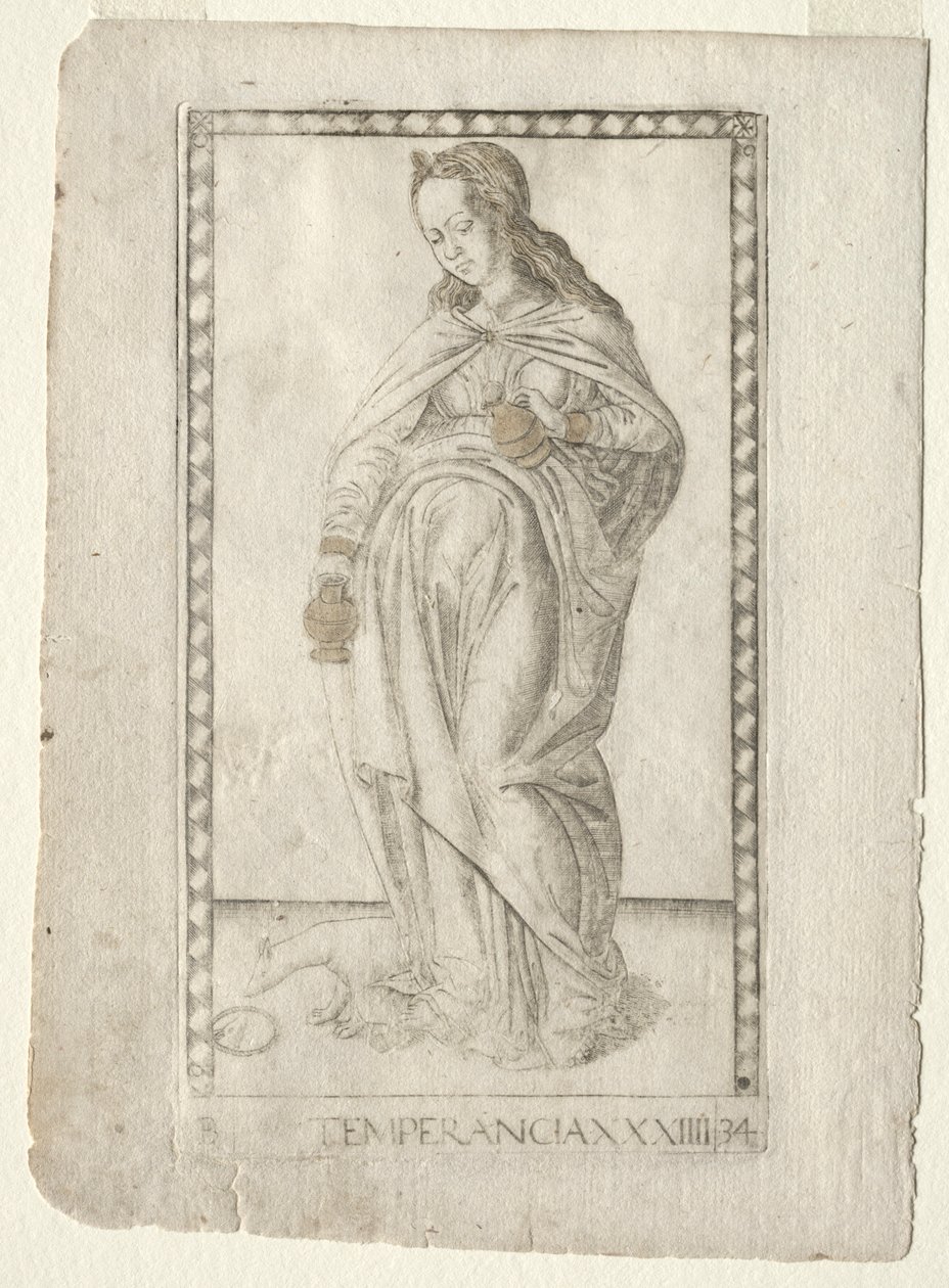 Temperance z Tarocchi, série B: Cosmic Principles & Virtues, #34, před rokem 1467. od Master of the E Series Tarocchi