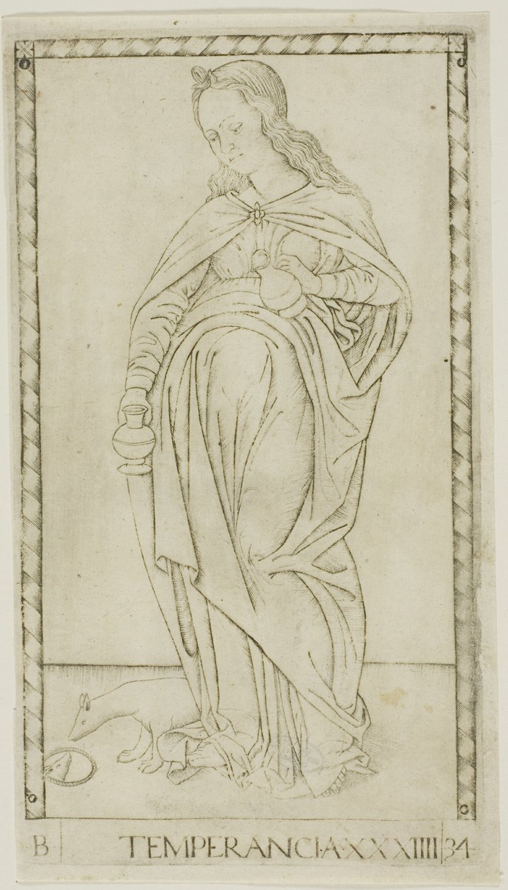 Temperance, deska 34 od Genii and Virtues od Master of the E Series Tarocchi