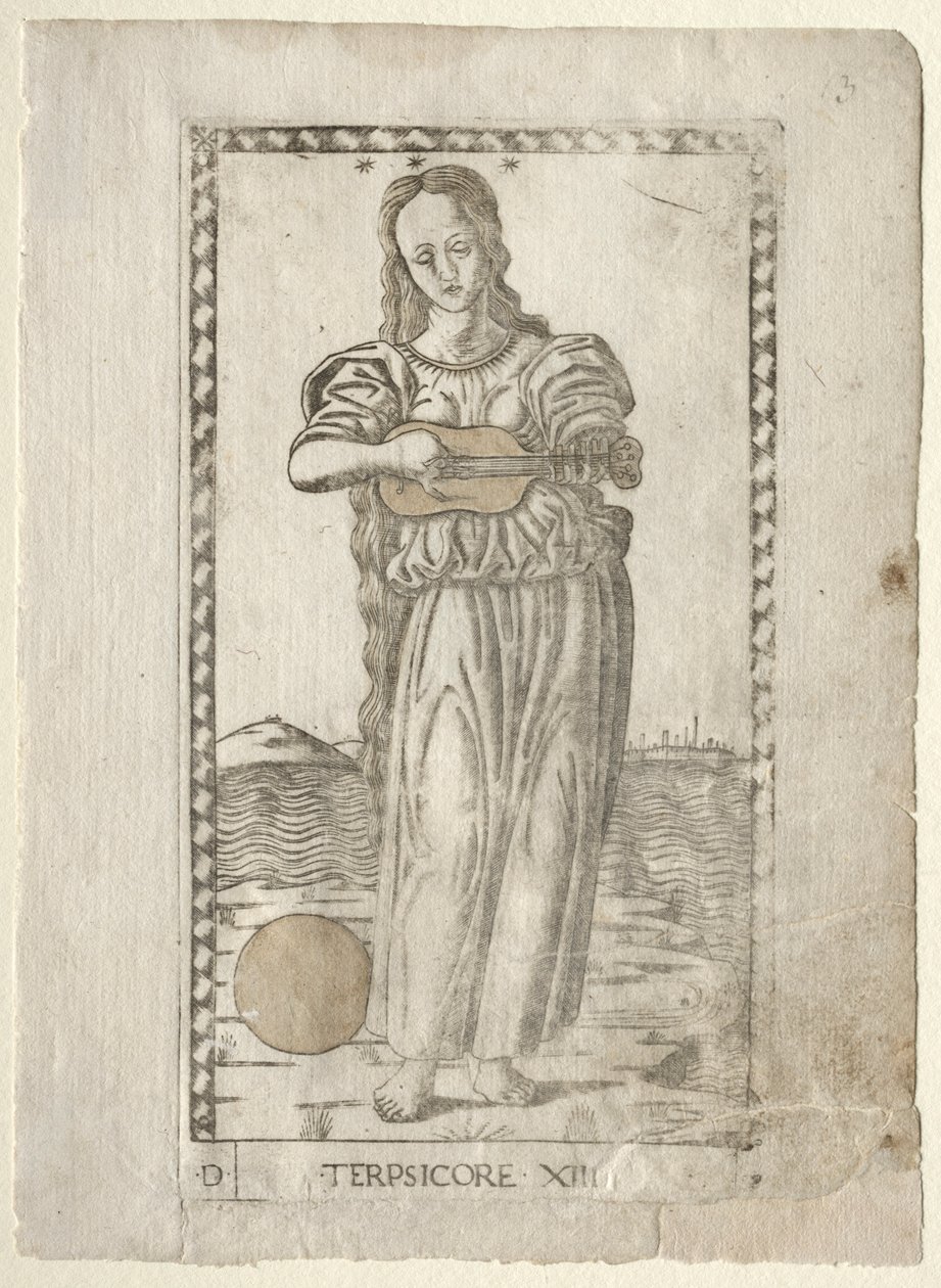 Terpsichore tanec a píseň ze série Tarocchi D..., před rokem 1467. od Master of the E Series Tarocchi