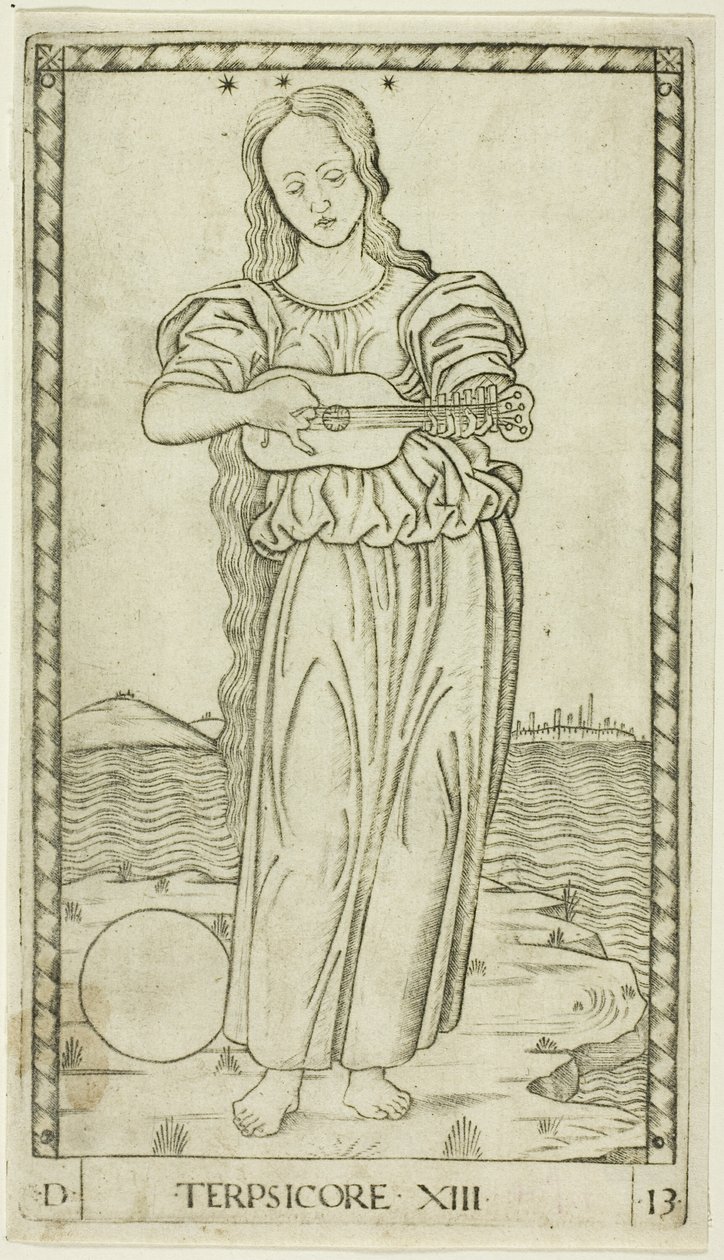 Terpsichore, deska třináct z Apollóna a múz od Master of the E Series Tarocchi