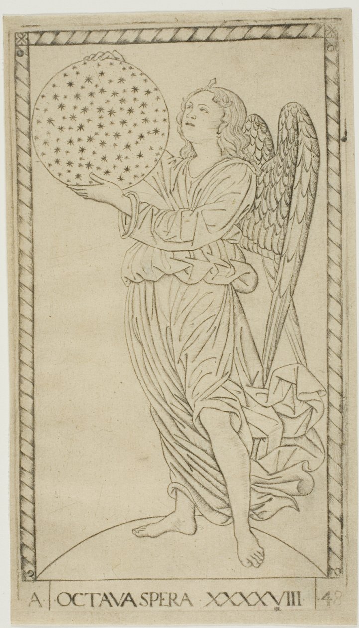 Anděl a osmá koule, deska 48 z Planets and Spheres od Master of the E Series Tarocchi