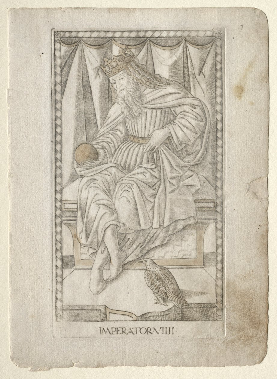 Císař z Tarocchi, série E: Podmínky člověka, #9, před rokem 1467. od Master of the E Series Tarocchi