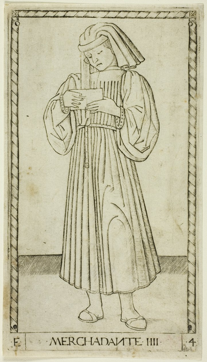 Obchodník, deska čtyři z The Ranks and Conditions of Men od Master of the E Series Tarocchi