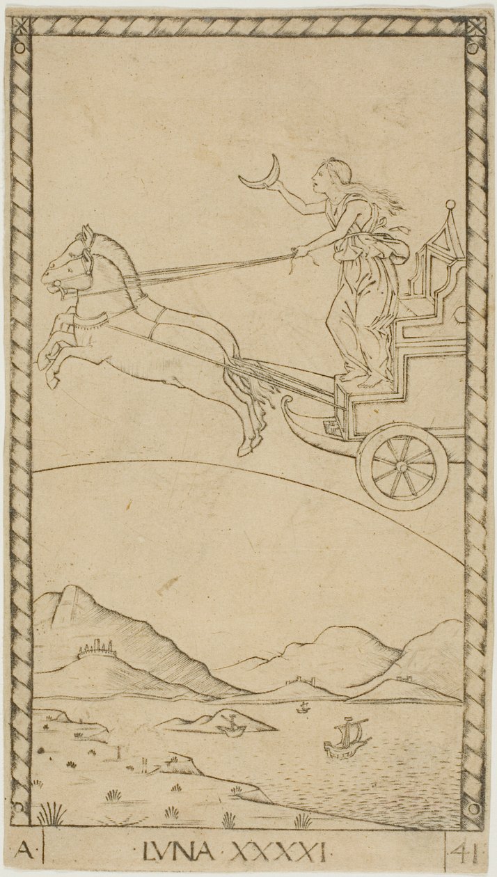 Měsíc, deska 41 z Planet and Spheres od Master of the E Series Tarocchi