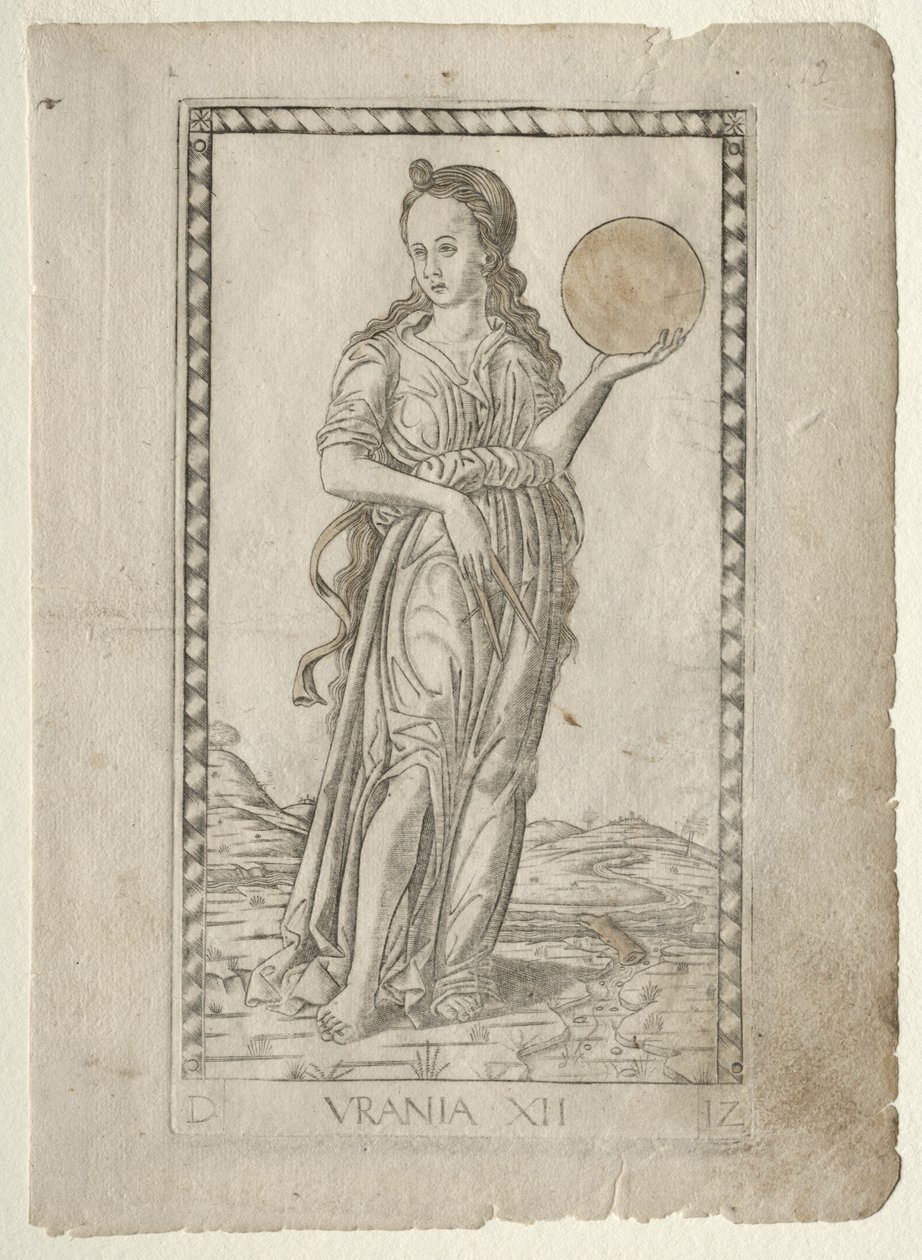 Uranská astronomie ze série Tarocchi D: Apollo and the Muses, # 12, před rokem 1467. od Master of the E Series Tarocchi