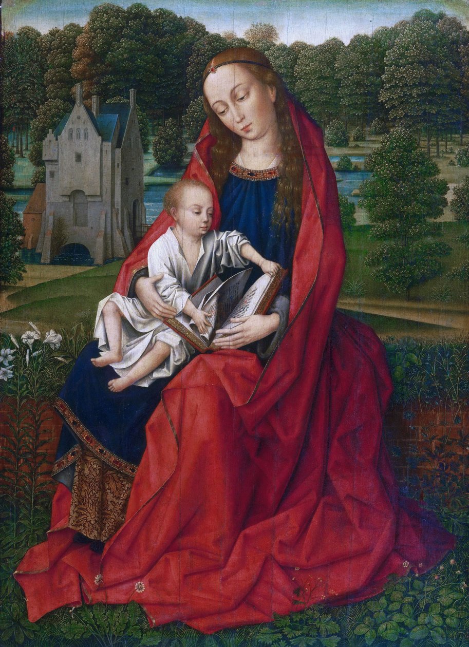 Nizozemsky: Maria potkala laskavou Pannu s dítětem v krajině od Master of the Embroidered Foliage