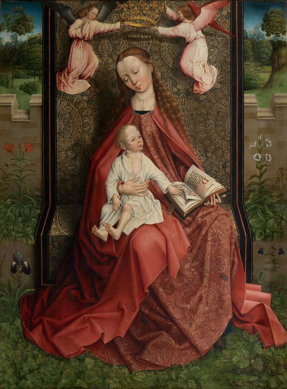 Madonna korunovaná anděly (olej na panelu) od Master of the Embroidered Foliage