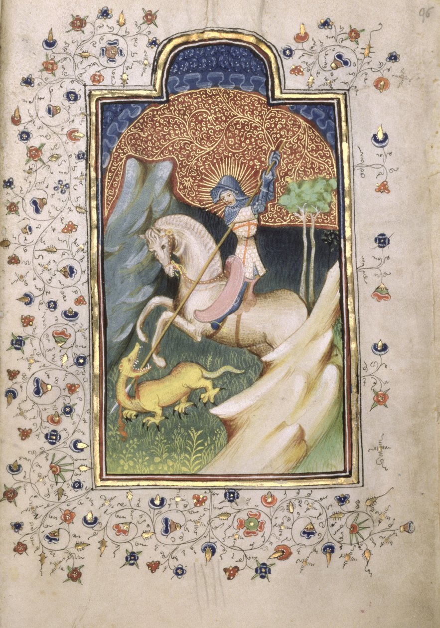 Svatý Jiří bojuje s drakem, 1420-30 (tempera a zlato na pergamenu) od Master of the Embroidered Foliage