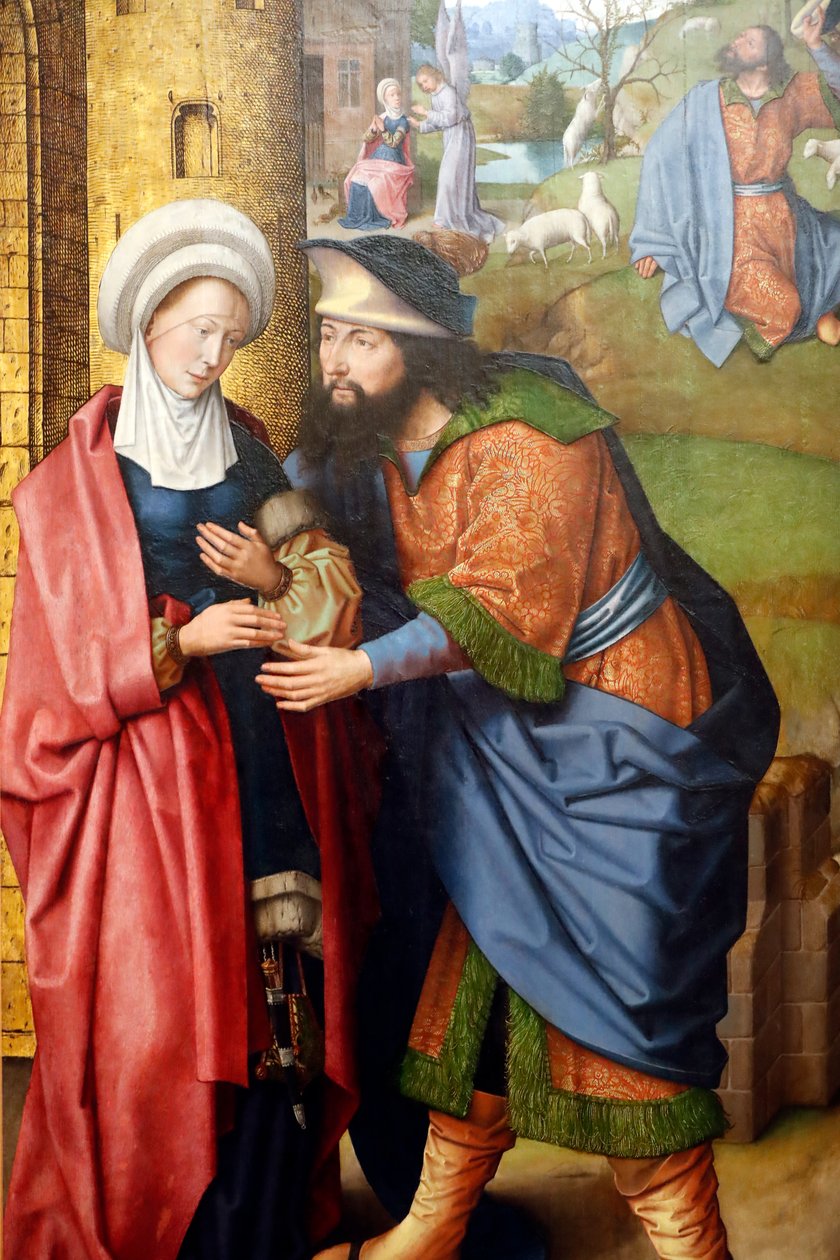 Muzeum Evora. Mistr oltářního obrazu Evora. Setkání Joachima a Anny před Zlatou bránou. Olej na panelu. Vlámská škola 1500. Portugalsko. od Master of the Evora Altarpiece