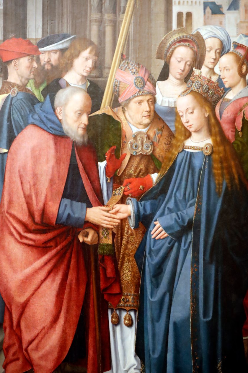 Muzeum Evora. Mistr oltářního obrazu Evora. Svatba Panny Marie a Josefa. Olej na panelu. Vlámská škola 1500. Portugalsko. od Master of the Evora Altarpiece