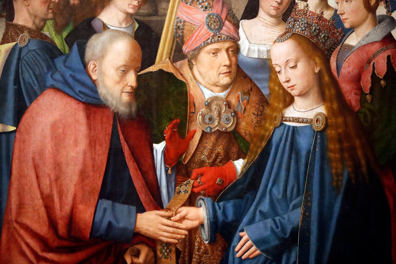 Muzeum Evora. Mistr oltářního obrazu Evora. Svatba Panny Marie a Josefa. Olej na panelu. Vlámská škola 1500. Portugalsko. od Master of the Evora Altarpiece