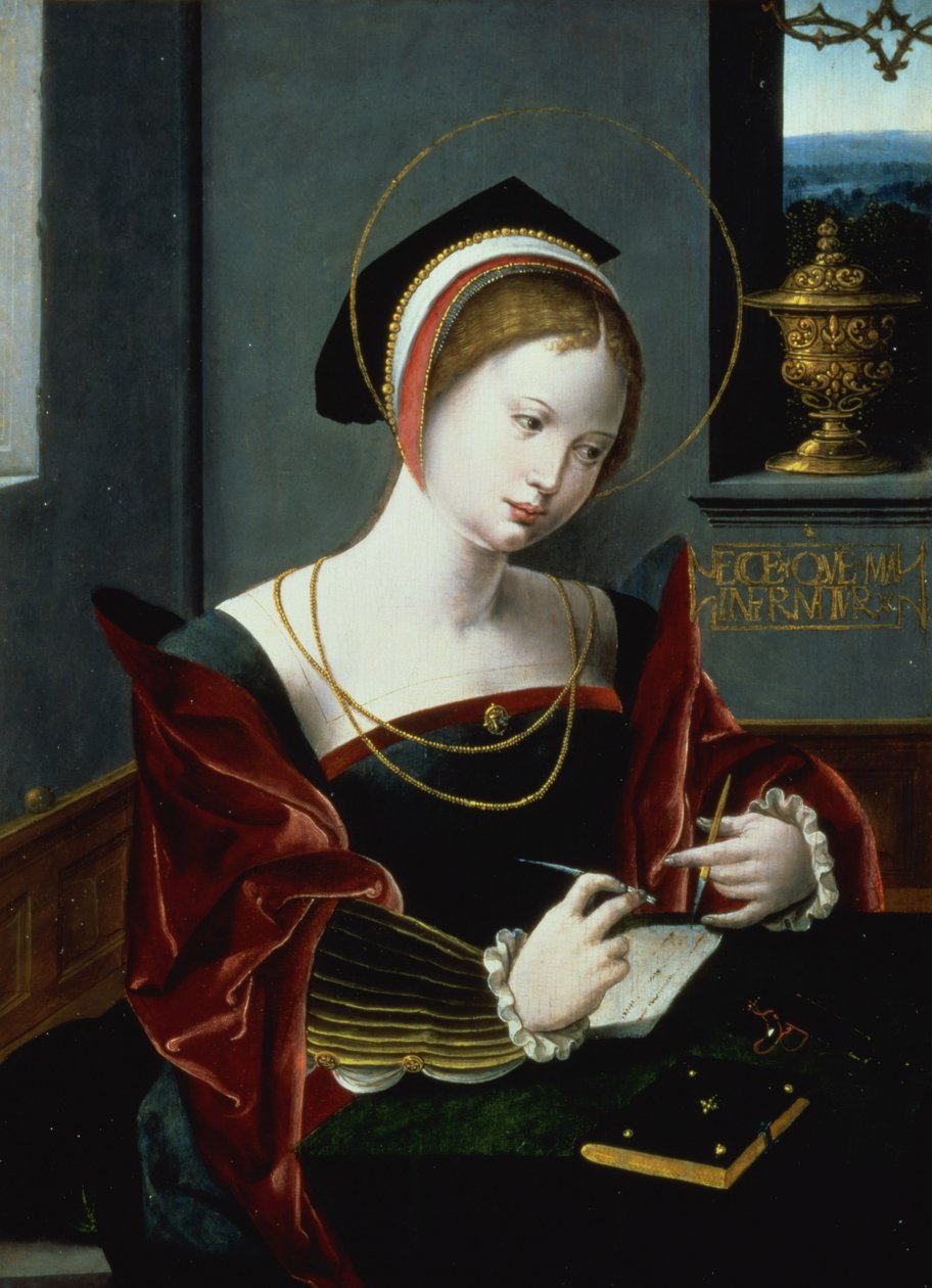 Portrét dámy psaní od Master of the Female Half Lengths