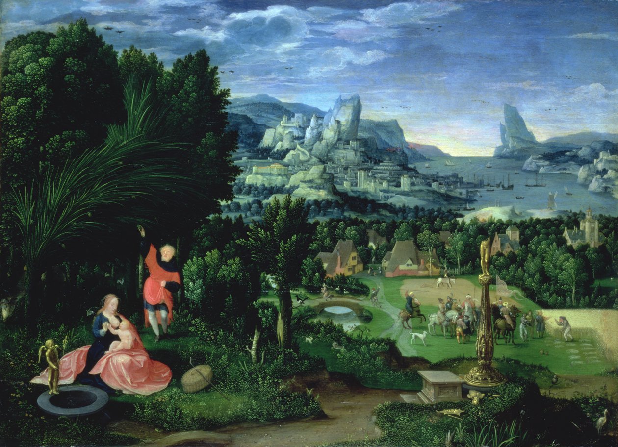 Odpočinek na útěku do Egypta, krajina, kterou namaloval Joachim Patinir (fl.1515-25) (deska) od Master of the Female Half Lengths