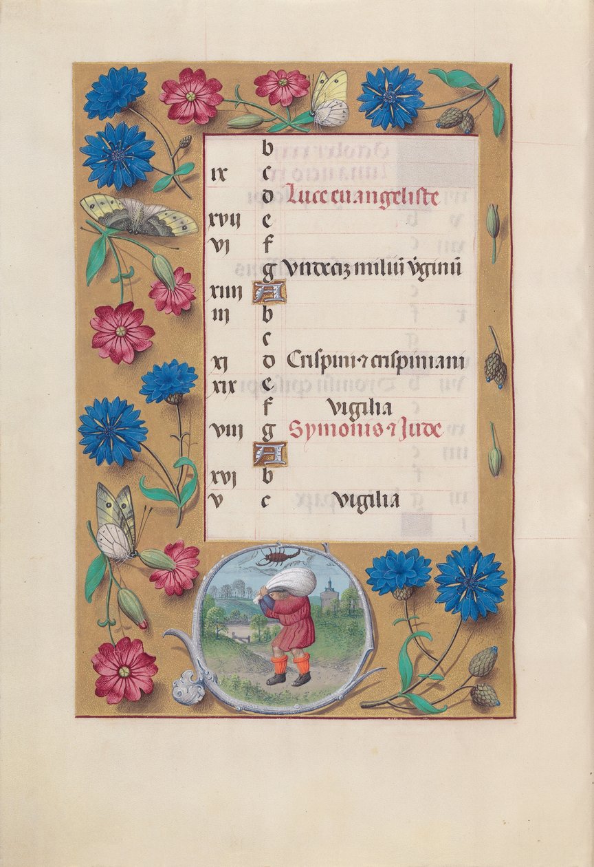 Hodiny královny Isabely Katolické, královny Španělska: Fol. 11v, říjen, c. 1500. od Master of the First Prayerbook of Maximillian