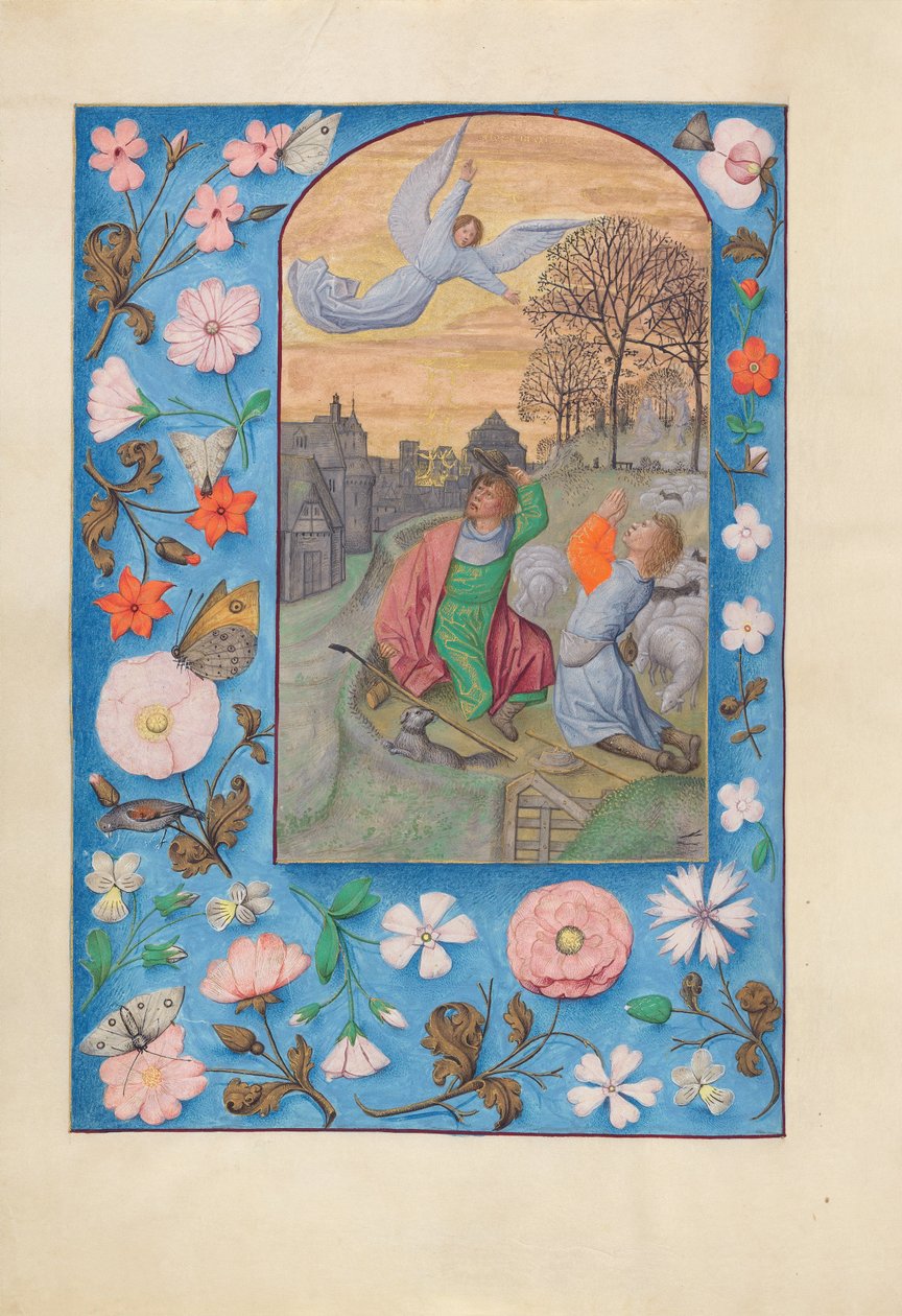 Hodiny španělské královny Isabely Katolické:  Fol. 131v, Zvěstování pastýřům od Master of the First Prayerbook of Maximillian
