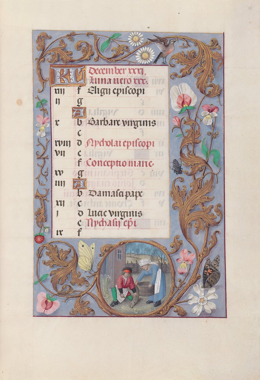Hodiny královny Isabely Katolické, královny Španělska: Fol. 13r, prosinec, c. 1500. od Master of the First Prayerbook of Maximillian