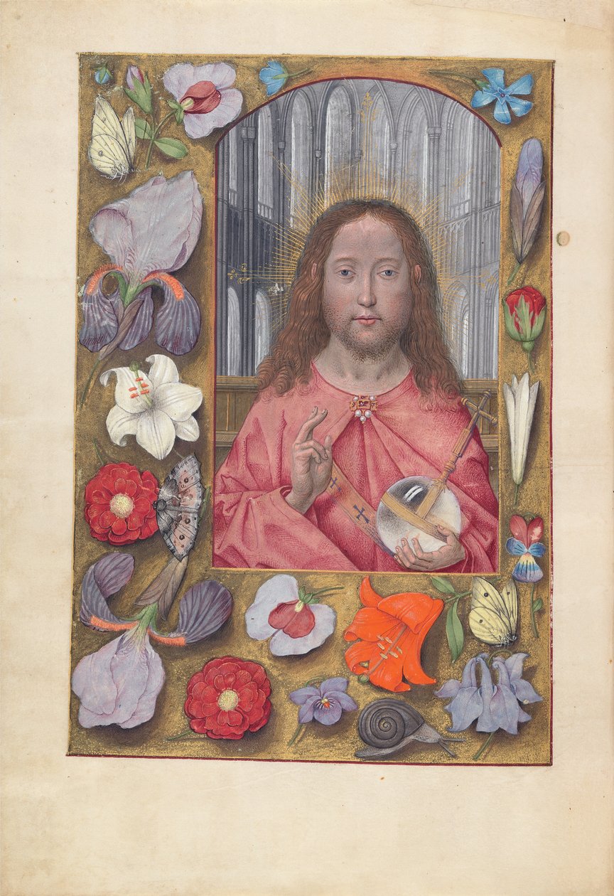 Hodiny královny Isabely Katolické, královny Španělska: Fol. 14v, Salvator Mundi, c. 1500. od Master of the First Prayerbook of Maximillian