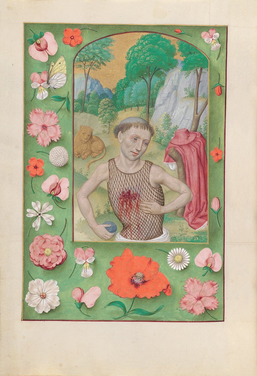 Hodiny španělské královny Isabely Katolické:  Fol. 185v, sv. Jeroným od Master of the First Prayerbook of Maximillian