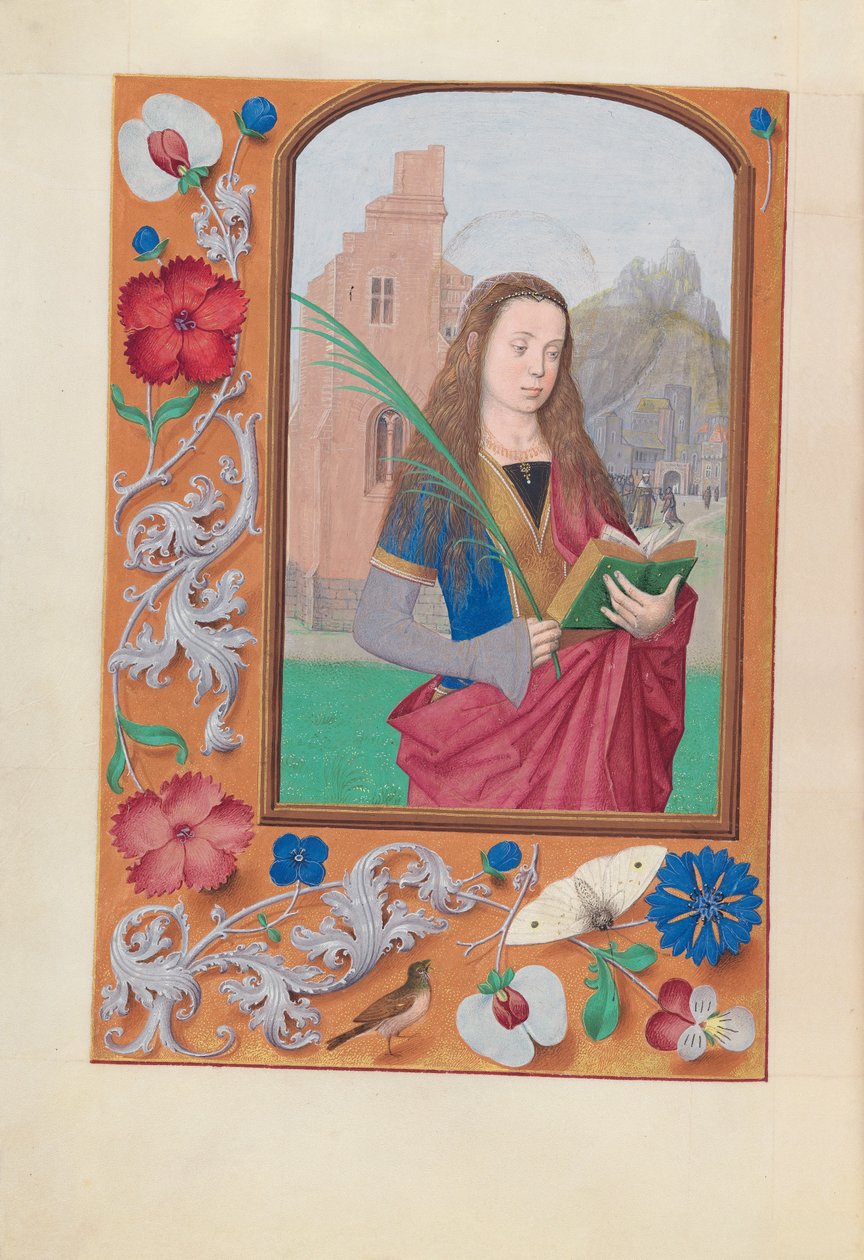 Hodiny španělské královny Isabely Katolické:  Fol. 191v, svatá Barbora od Master of the First Prayerbook of Maximillian