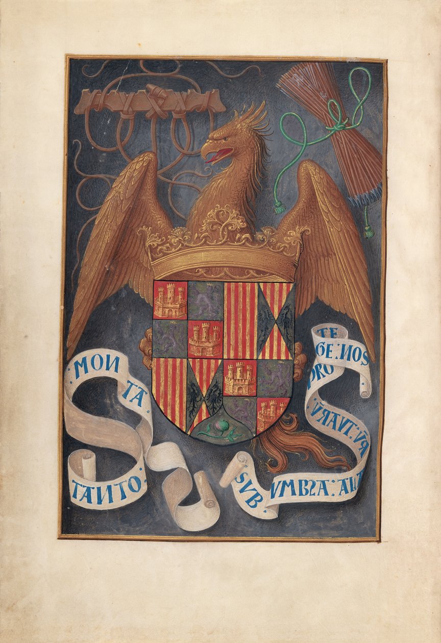 Hodiny královny Isabely Katolické, královny Španělska: Fol. 1v, Zbraně a hesla Isabel la Católica od Master of the First Prayerbook of Maximillian