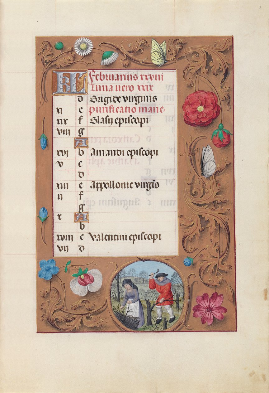 Hodiny královny Isabely Katolické, královny Španělska: Fol. 3r, únor, c. 1500. od Master of the First Prayerbook of Maximillian