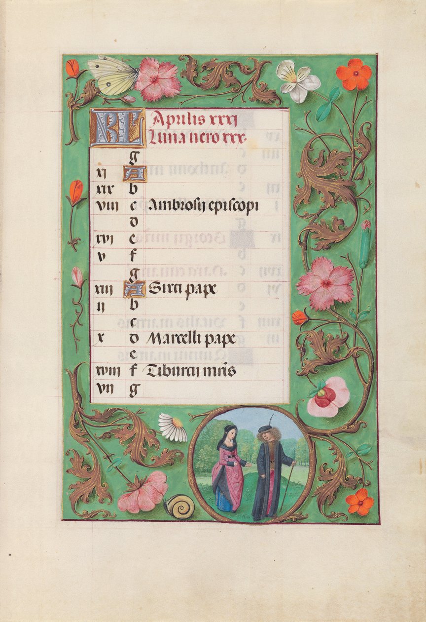 Hodiny královny Isabely Katolické, královny Španělska: Fol. 5r, duben - Panoš a slečna, c. 1500. od Master of the First Prayerbook of Maximillian