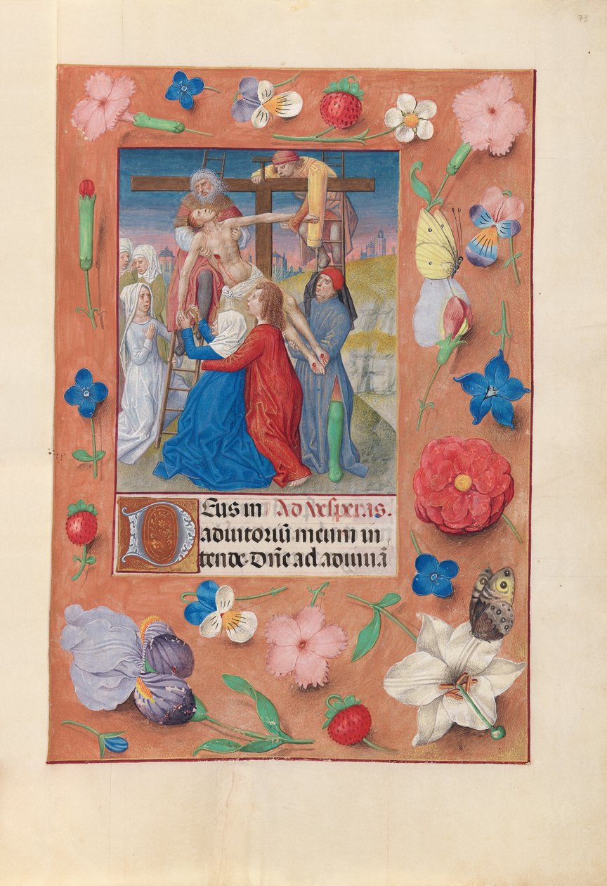 Hodiny královny Isabely Katolické, královny Španělska: Fol. 73r, Sestup z kříže, c. 1500. od Master of the First Prayerbook of Maximillian