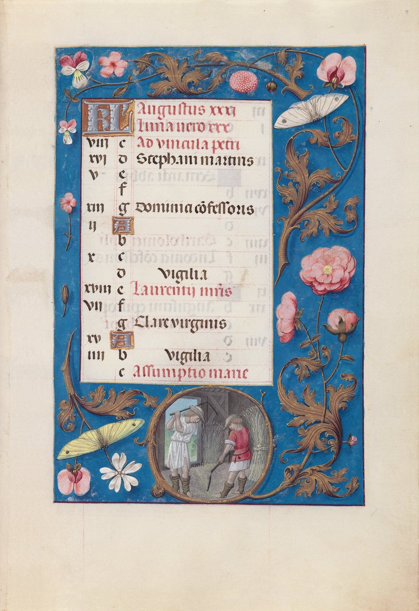 Hodiny královny Isabely Katolické, královny Španělska: Fol. 9r, srpen - Mlátička pšenice, c. 1500. od Master of the First Prayerbook of Maximillian