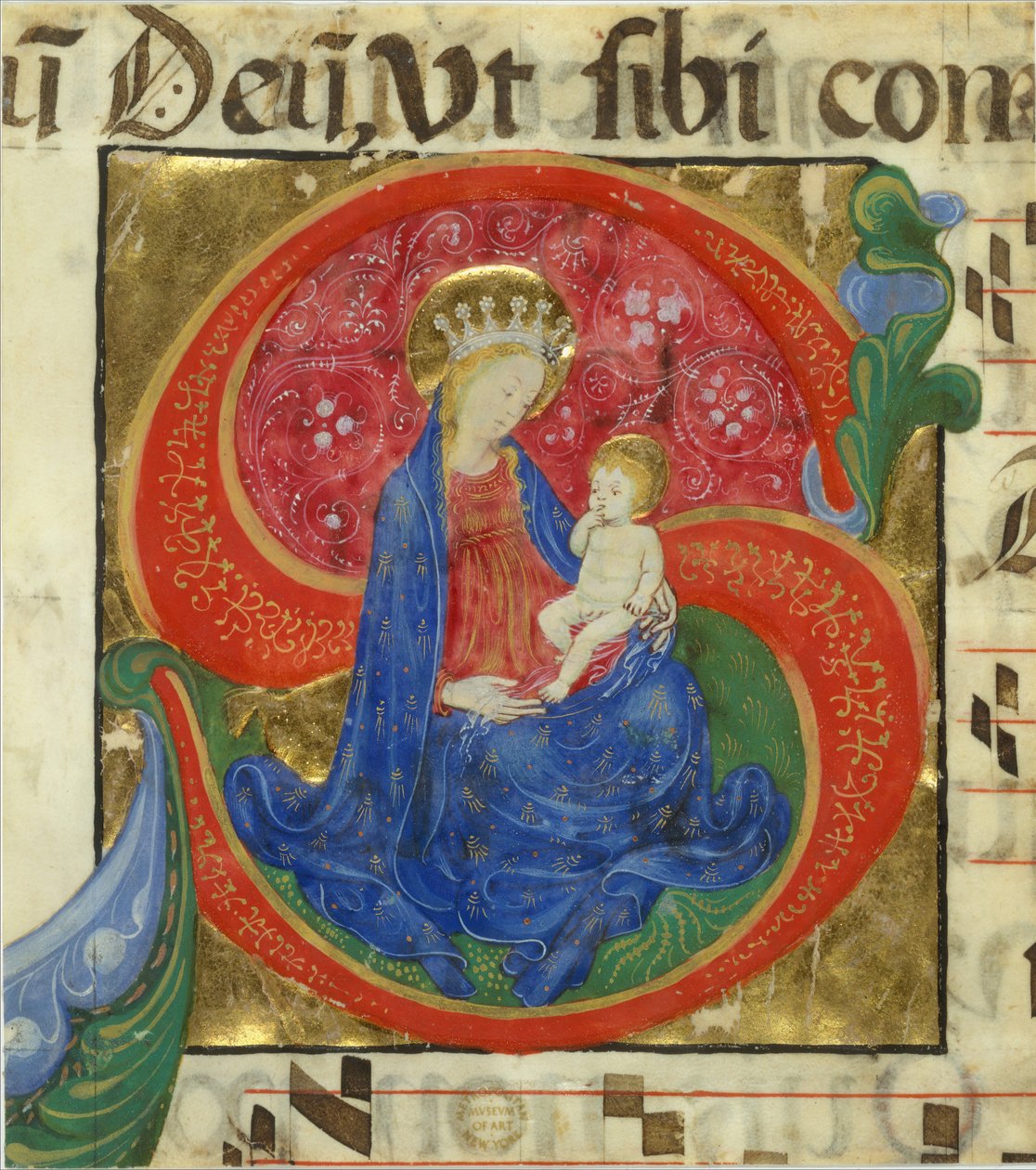 Iluminace rukopisu s Pannou a dítětem v iniciále S, z antifonáře, polovina 15. stol. od Master of the Franciscan Breviary