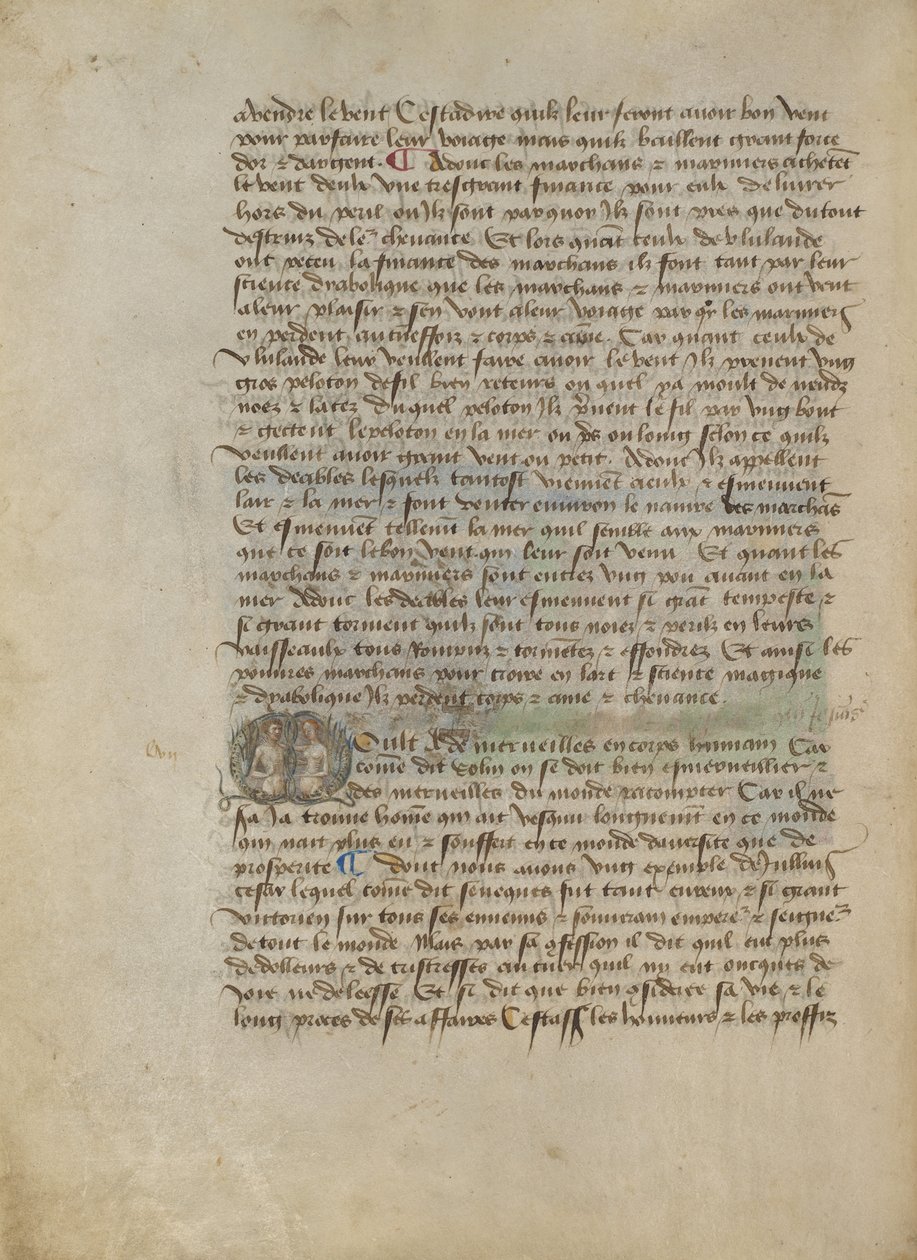 Historizovaná iniciála M: poprsí muže a ženy od Master of the Geneva Boccaccio