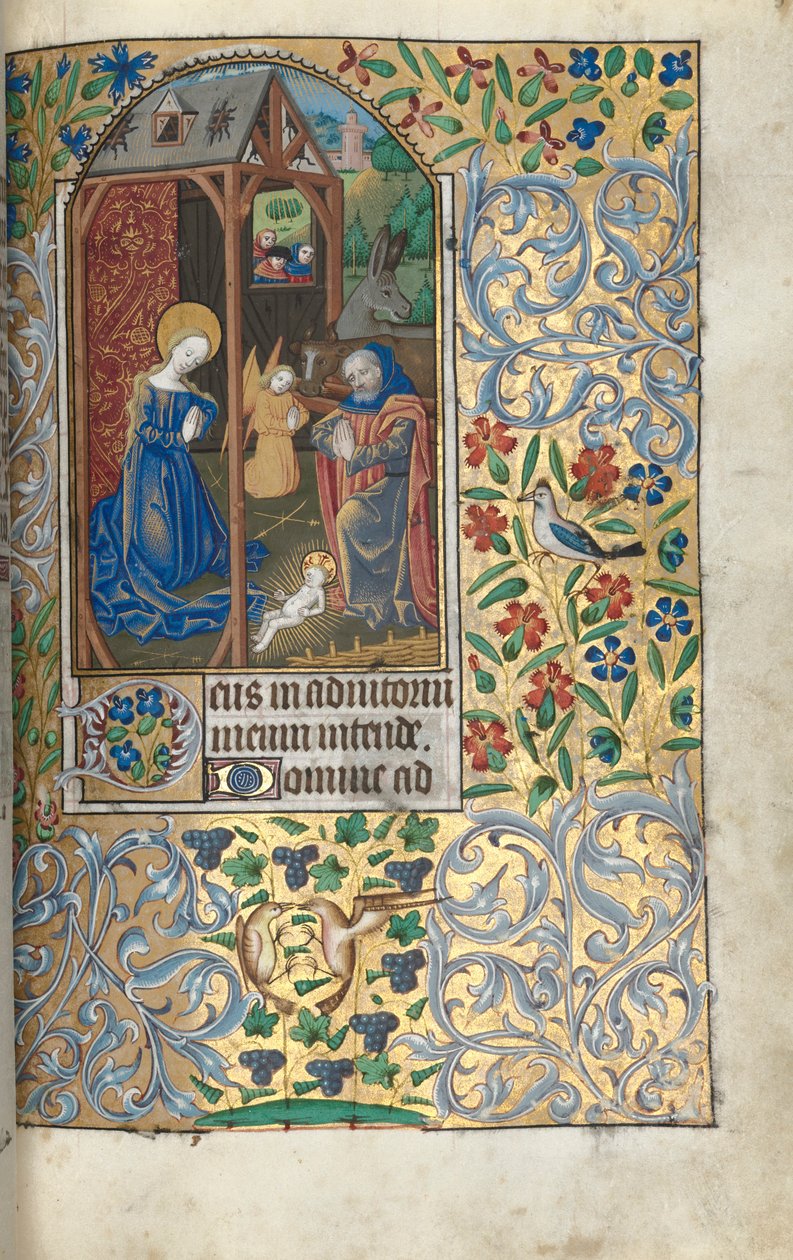 Kniha hodin Použití Rouen: fol. 56 r, Klanění s pastýři Narození Páně, c. 1470. od Master of the Geneva Latini