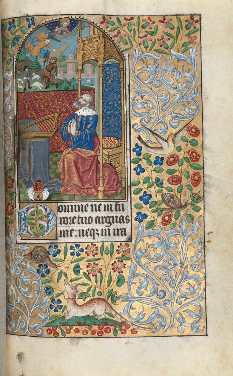 Kniha hodin Použití Rouen: fol. 80r, David Penitent, na dálku David zabíjející Goliáše, c1470 od Master of the Geneva Latini