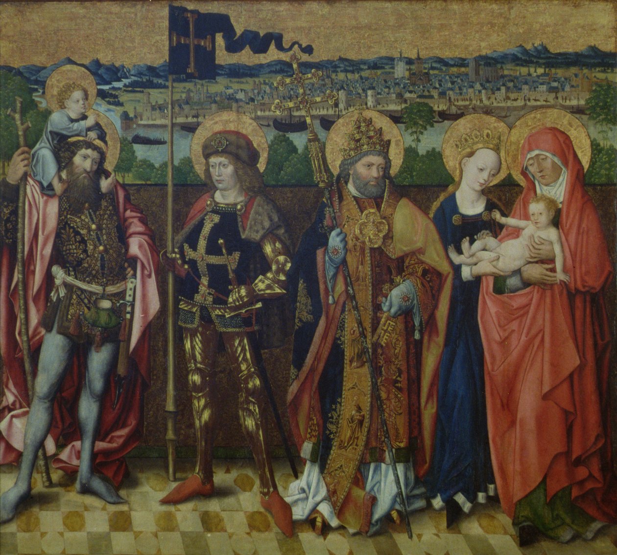 Svatá Anna, panna a dítě, sv. Kryštof, sv. Gereon a sv. Petr v krajině, zobrazující Kolín nad Rýnem a sedm vrchů, kolem 1460-80 (dub) od Master of the Glorification of Mary