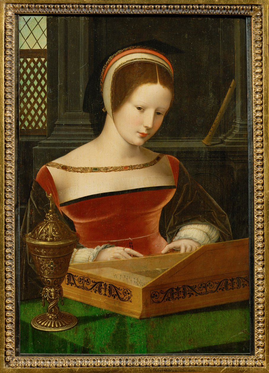 Dáma u klavichordu. Mastičkář je atributem svaté Máří Magdalény (malba na plátně) od Master of the Half Figures