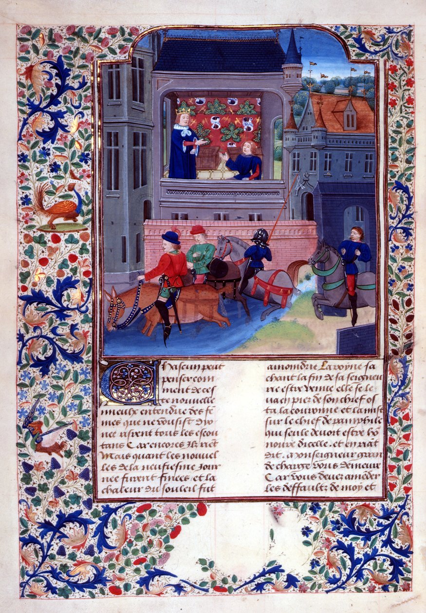 Add.35323 fol.156v Ruggiero a jeho společníci jedou přes řeku, z kapitoly 1, Kniha X z 